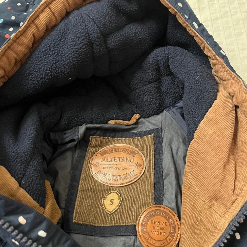 VTG Naketano Brave New Word Navy Blue MultiColor Dot Print Anorak‎ Hooded Jacket
